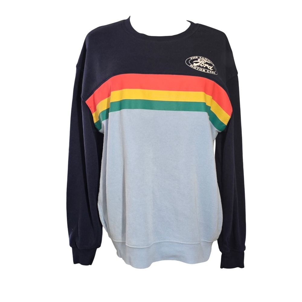 Ford Motor Cars Navy Light Blue Colorblock Rainbow Stripe Crewneck Sweatshirt M